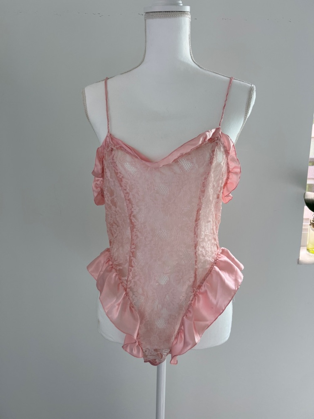Vintage Victoria's Secret Sheer Pink Lace Ruffle bodysuit
